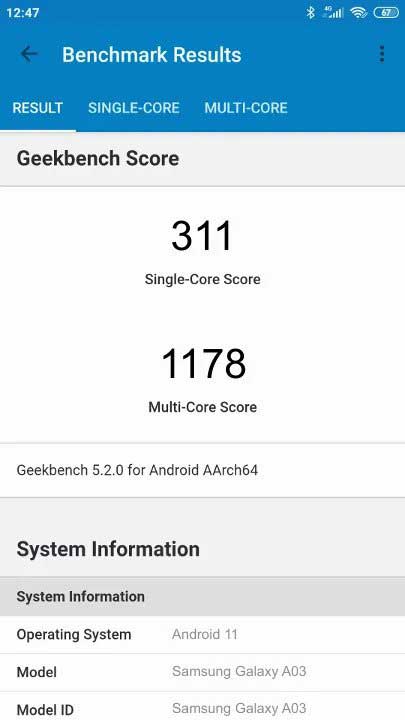 ارقام جلاكسي A03 على منصة Geekbench