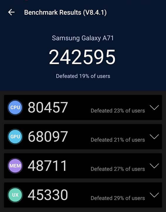تقييم أنتوتو Samsung Galaxy A71